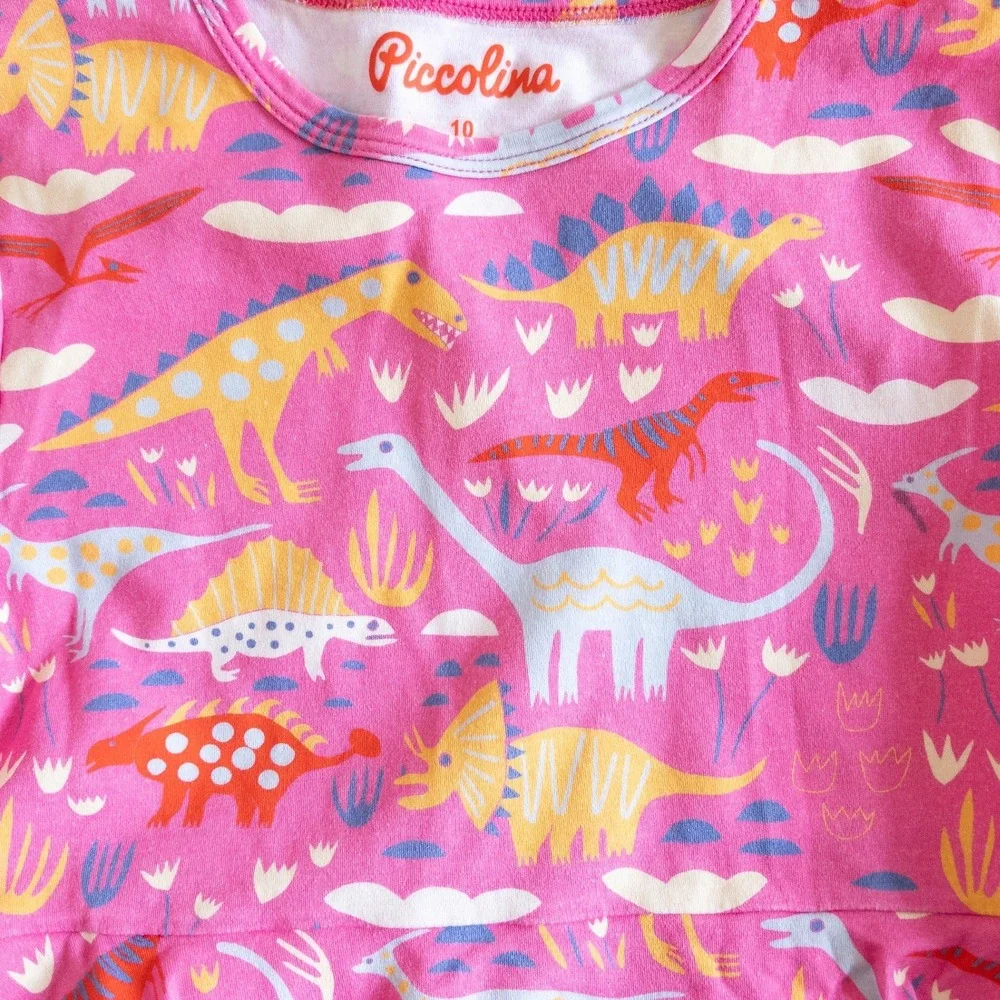 Piccolina Tiered Ruffle Dress Pink Dinosaur Print Short Sleeve Kids Size 10
